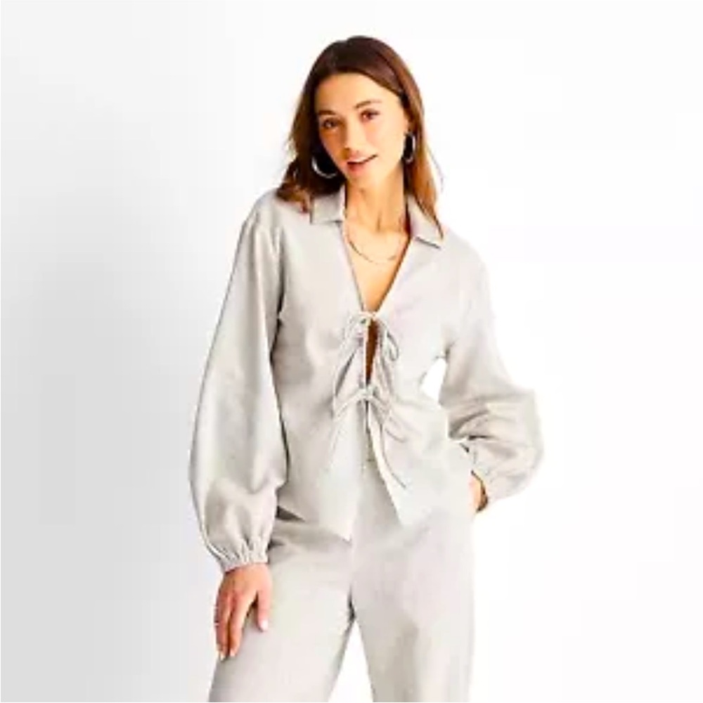 Women's Striped Long Sleeve Collared Tie-Front Top - Future Collective